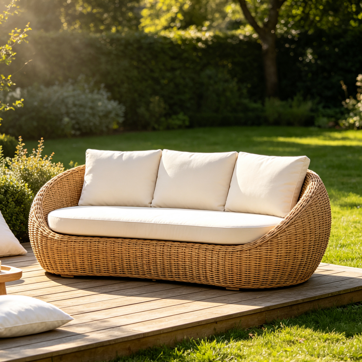 Outdoor Rattan Curved Two-Seater Sofa with Beige Cushions