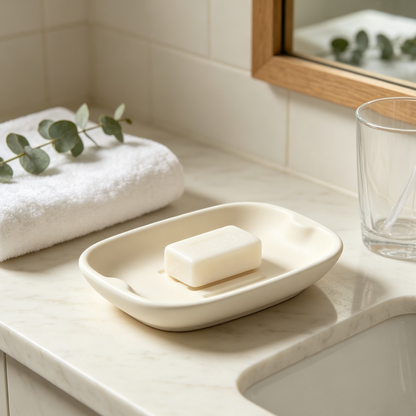 Matte Cream White Ceramic Soap Dish with Drain Grooves