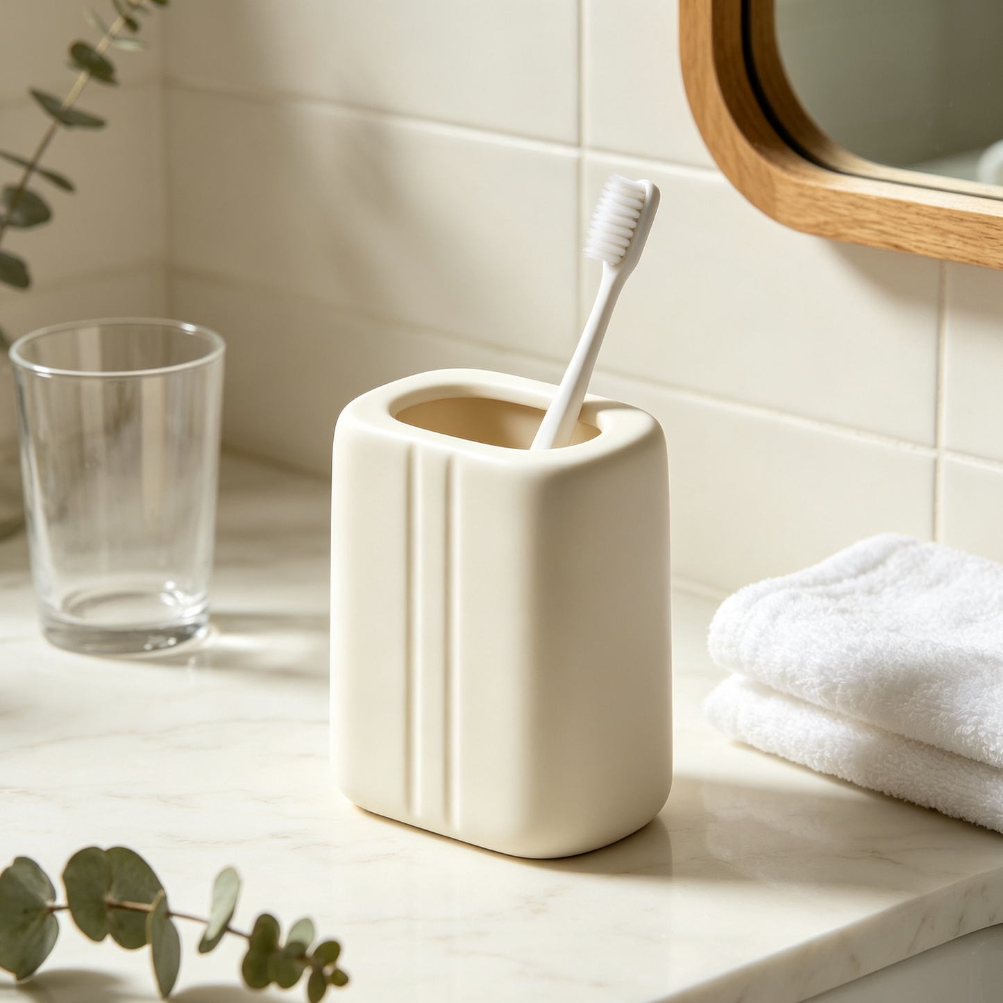 Matte Cream White Ceramic Toothbrush Holder