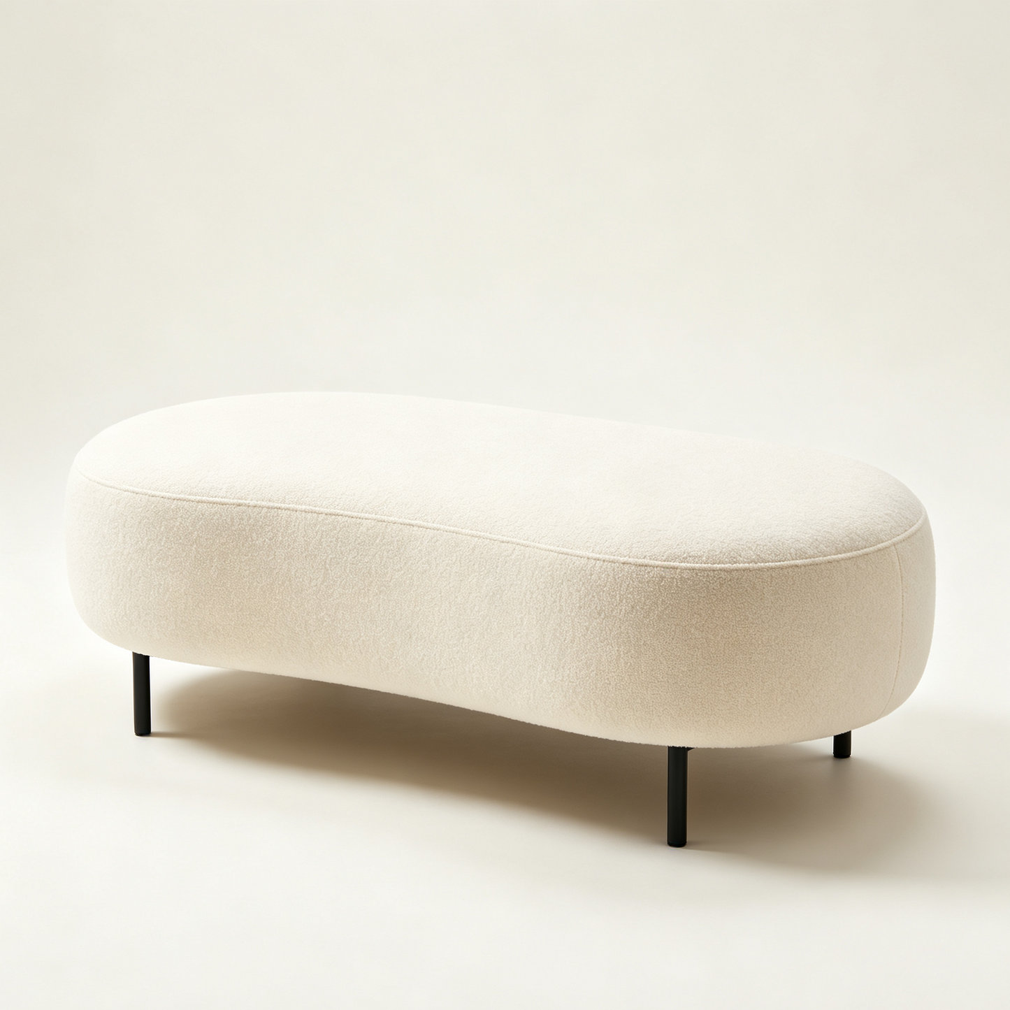 Cream White Curved Boucle Ottoman Bench with Black Metal Legs