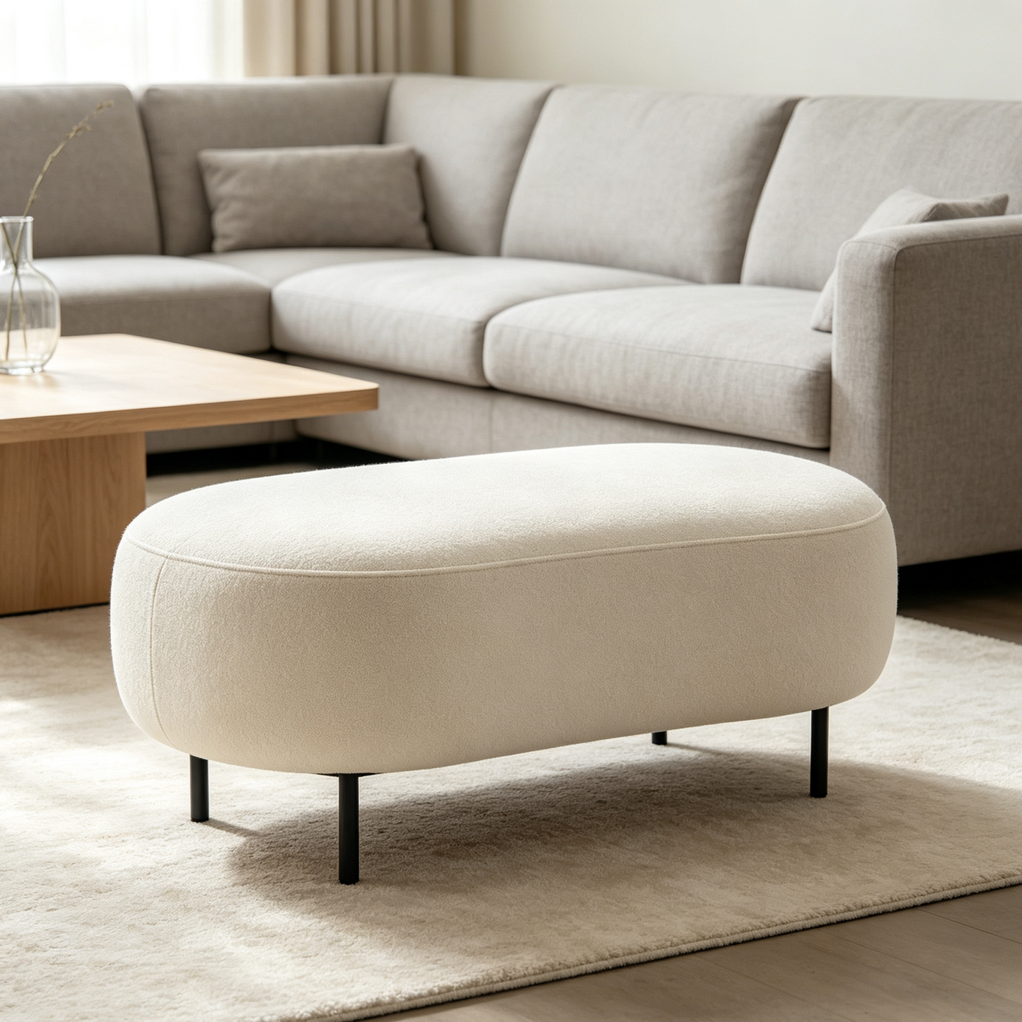Cream White Curved Boucle Ottoman Bench with Black Metal Legs