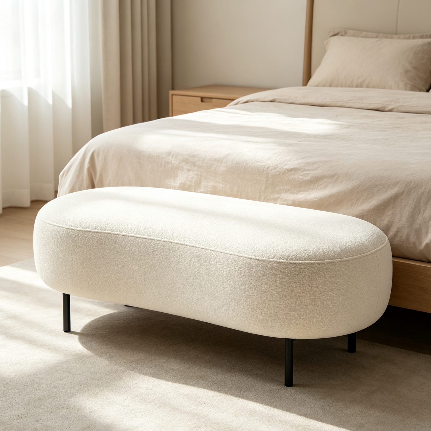 Cream White Curved Boucle Ottoman Bench with Black Metal Legs