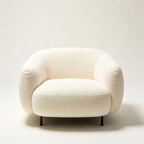 Cream White Low-Profile Boucle Armchair with Black Metal Legs