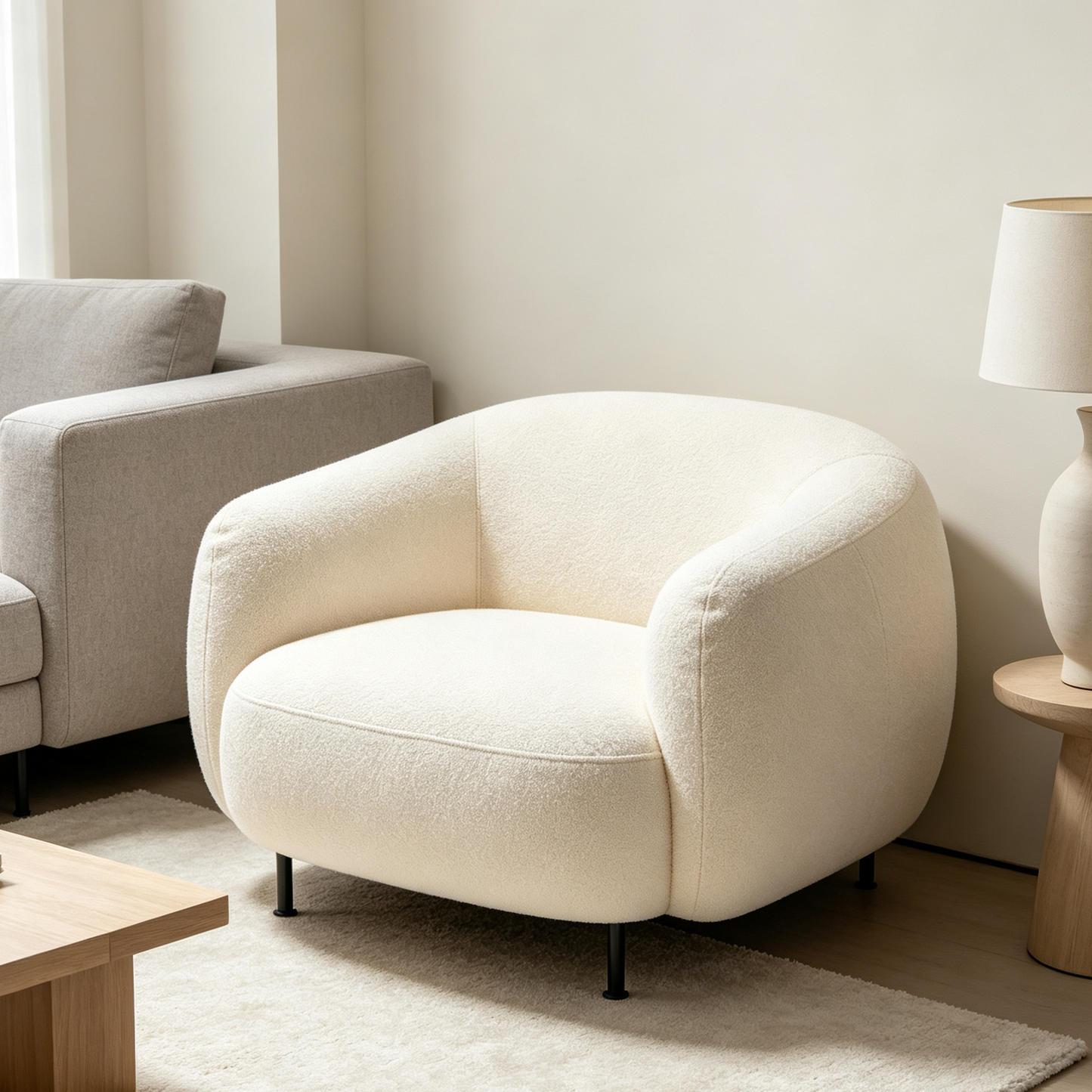 Cream White Low-Profile Boucle Armchair with Black Metal Legs