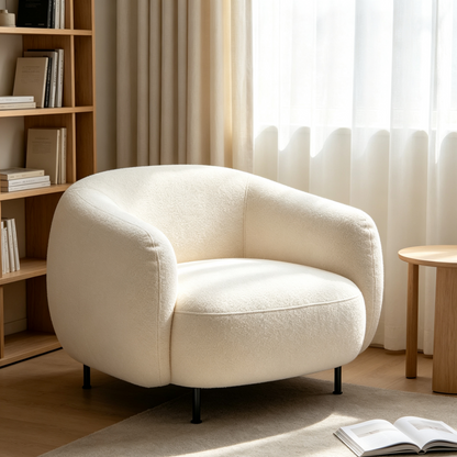 Cream White Low-Profile Boucle Armchair with Black Metal Legs