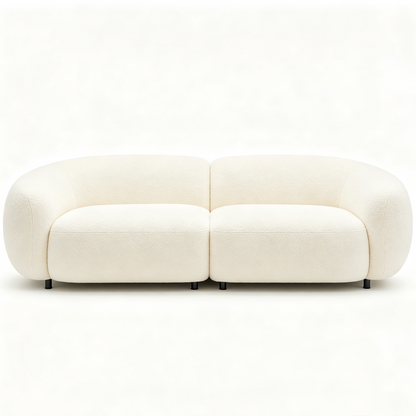Cream White Low-Profile Boucle Two-Seater Sofa with Black Metal Legs