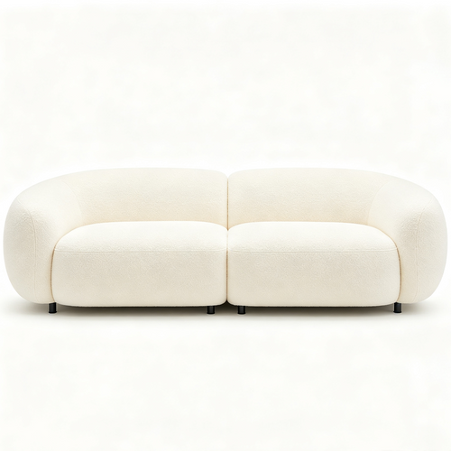 Cream White Low-Profile Boucle Two-Seater Sofa with Black Metal Legs