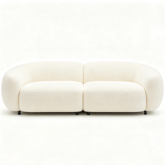Cream White Low-Profile Boucle Two-Seater Sofa with Black Metal Legs