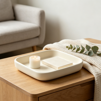 Matte Cream White Ceramic Rounded-Square Decor Tray