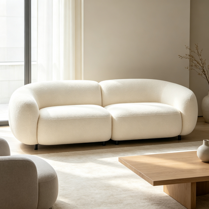 Cream White Low-Profile Boucle Two-Seater Sofa with Black Metal Legs