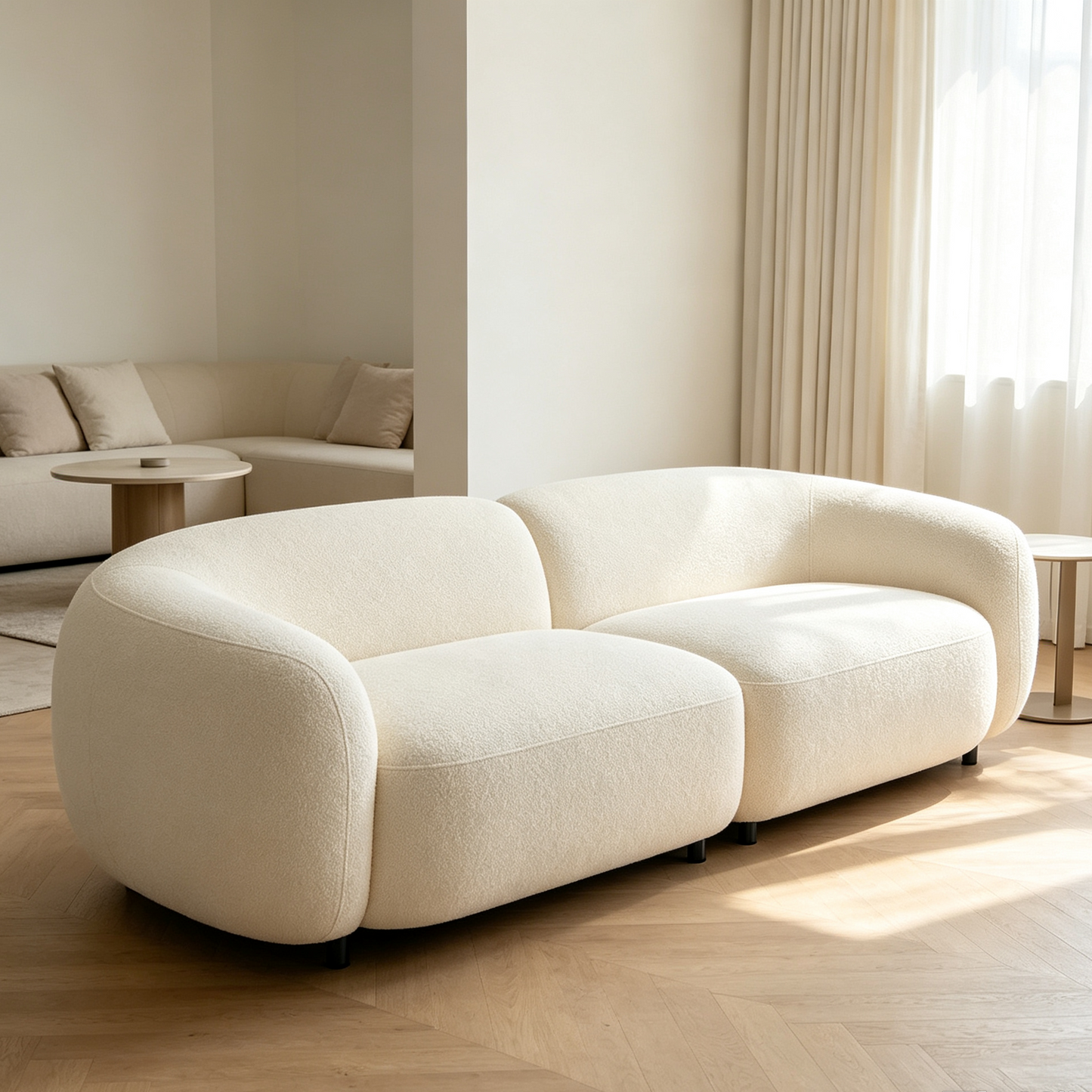 Cream White Low-Profile Boucle Two-Seater Sofa with Black Metal Legs