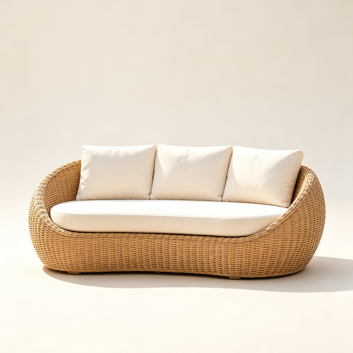 Outdoor Rattan Curved Two-Seater Sofa with Beige Cushions
