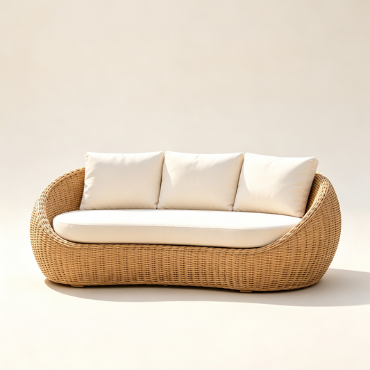 Outdoor Rattan Curved Two-Seater Sofa with Beige Cushions