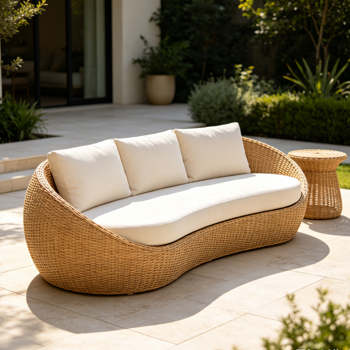 Outdoor Rattan Curved Two-Seater Sofa with Beige Cushions