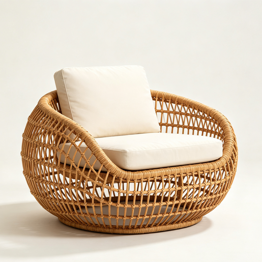 Outdoor Rattan Single Lounge Chair with Beige Cushion