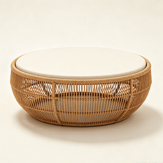 Outdoor Rattan Round Coffee Table with Light Beige Tabletop