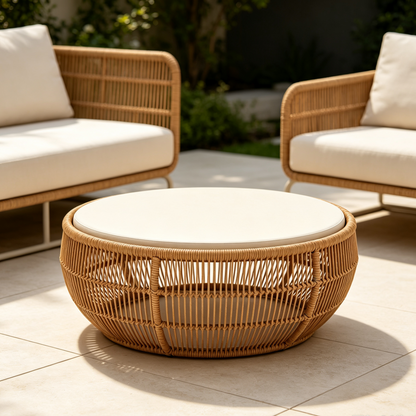 Outdoor Rattan Round Coffee Table with Light Beige Tabletop