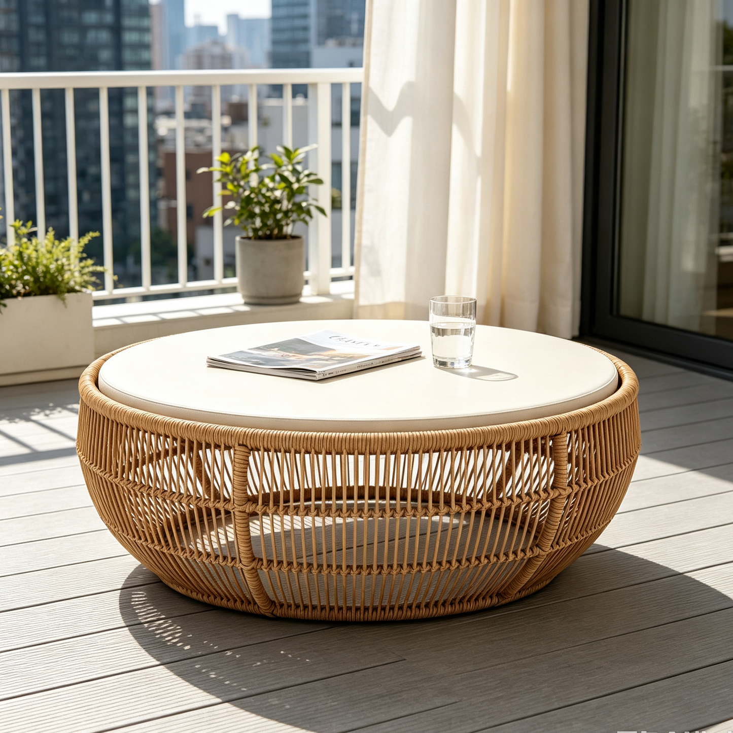 Outdoor Rattan Round Coffee Table with Light Beige Tabletop