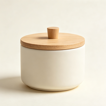 Matte Cream White Ceramic Round Storage Canister with Wooden Lid