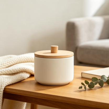 Matte Cream White Ceramic Round Storage Canister with Wooden Lid