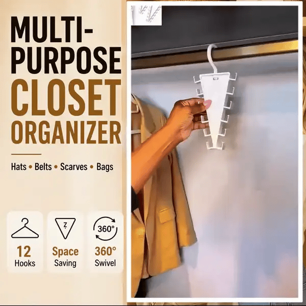 🪝 45% OFF — Jorenix® 12-Hook 360° Swivel Closet Organizer – Space-Saving Storage
