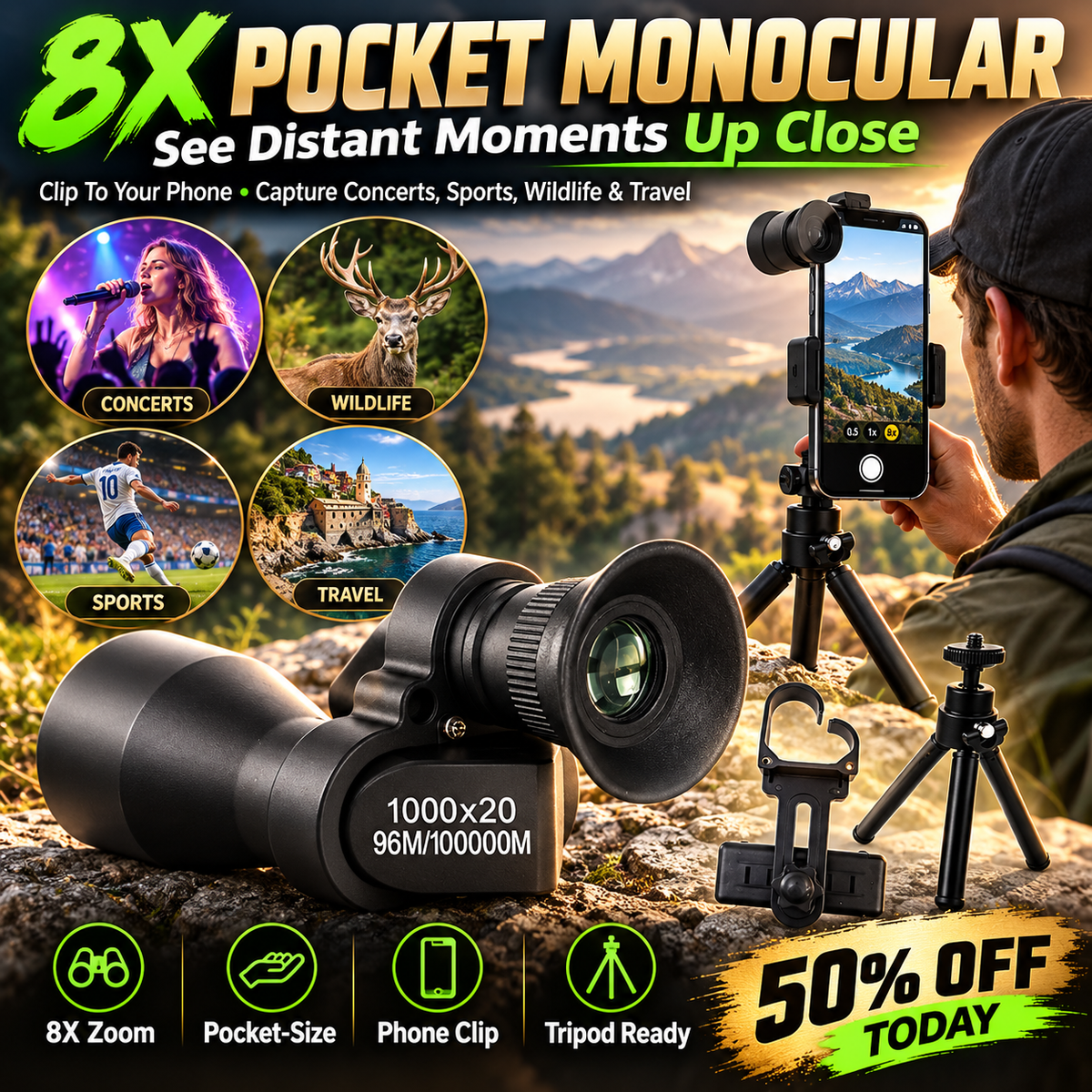 🏆 60% OFF 🔭 Jorenix® 8X Pocket Monocular with Smartphone Clip – See Farther, Capture More