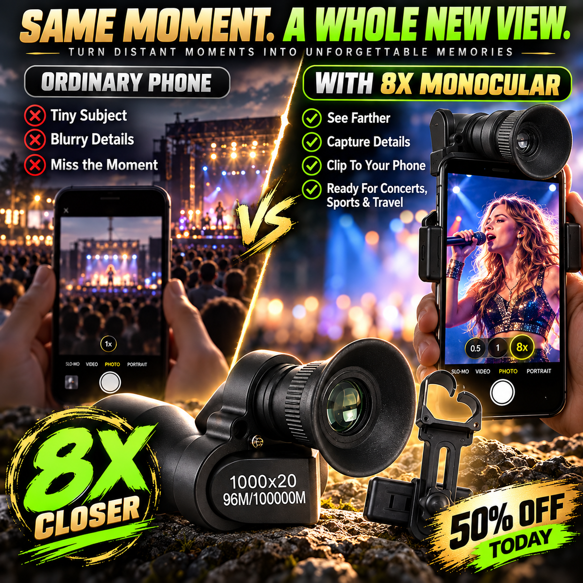 🏆 60% OFF 🔭 Jorenix® 8X Pocket Monocular with Smartphone Clip – See Farther, Capture More