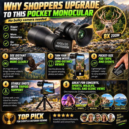 🏆 60% OFF 🔭 Jorenix® 8X Pocket Monocular with Smartphone Clip – See Farther, Capture More