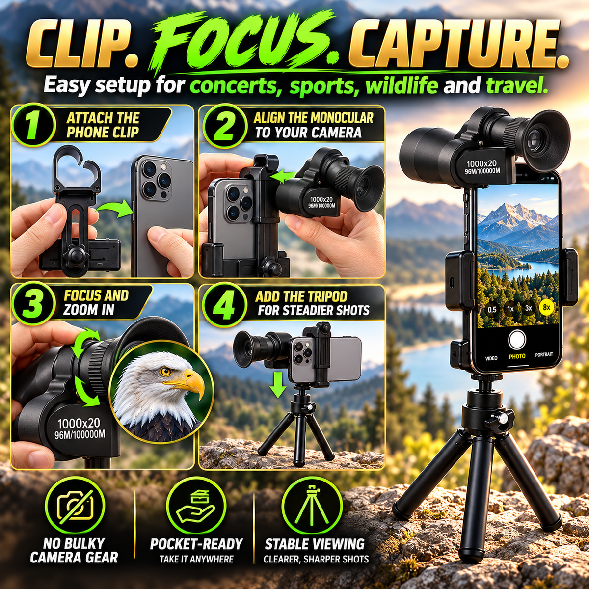 🏆 60% OFF 🔭 Jorenix® 8X Pocket Monocular with Smartphone Clip – See Farther, Capture More