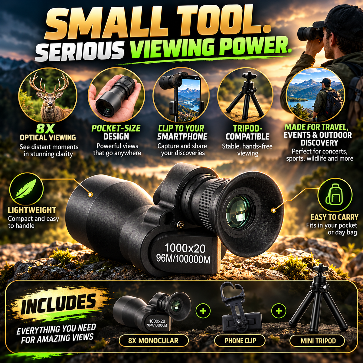 🏆 60% OFF 🔭 Jorenix® 8X Pocket Monocular with Smartphone Clip – See Farther, Capture More